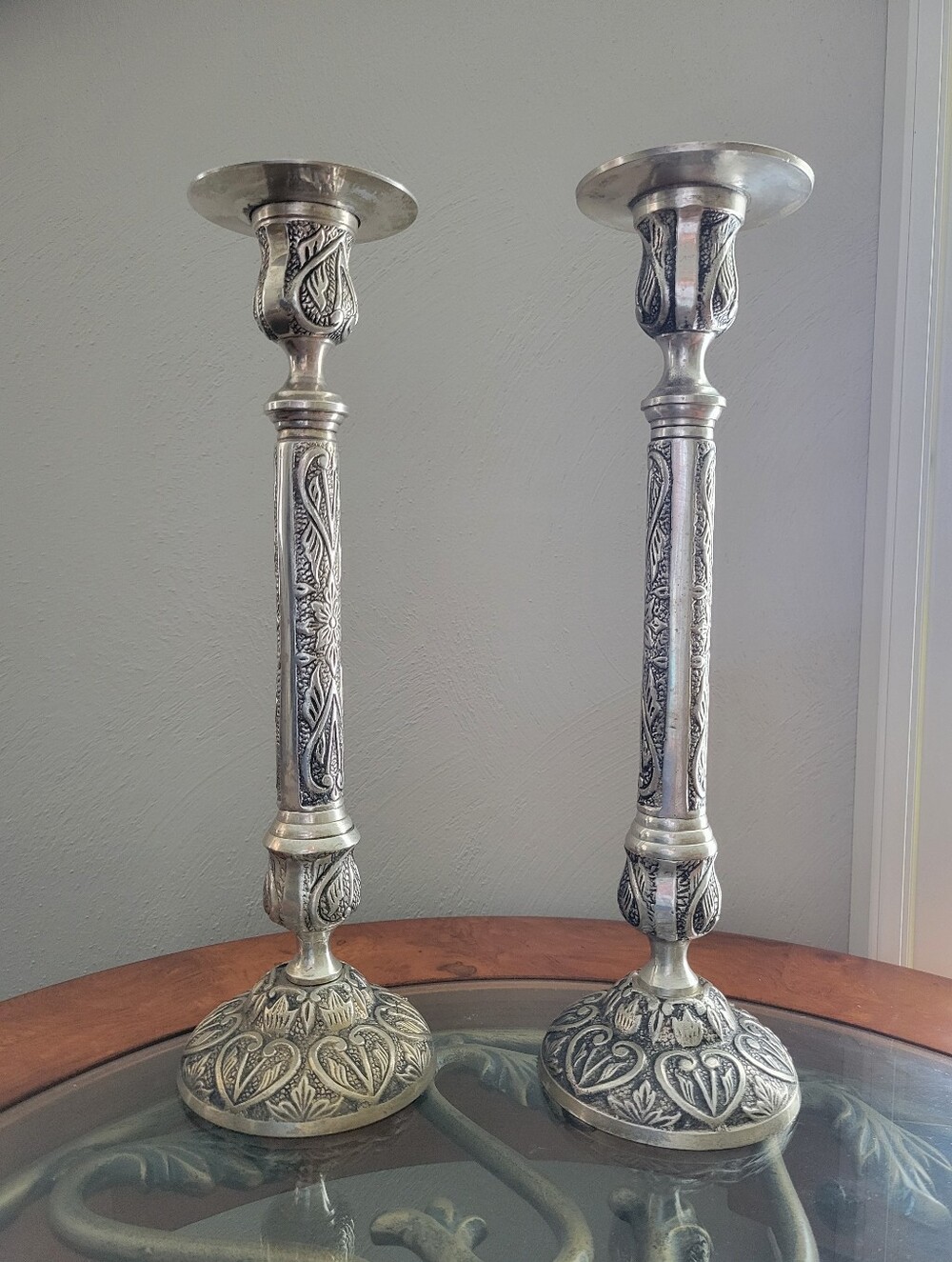 VINTAGE  PEWTER PILLAR CANDLE HOLDERS 14" PAIR ( 2 )  MADE IN INDIA, HEAVY